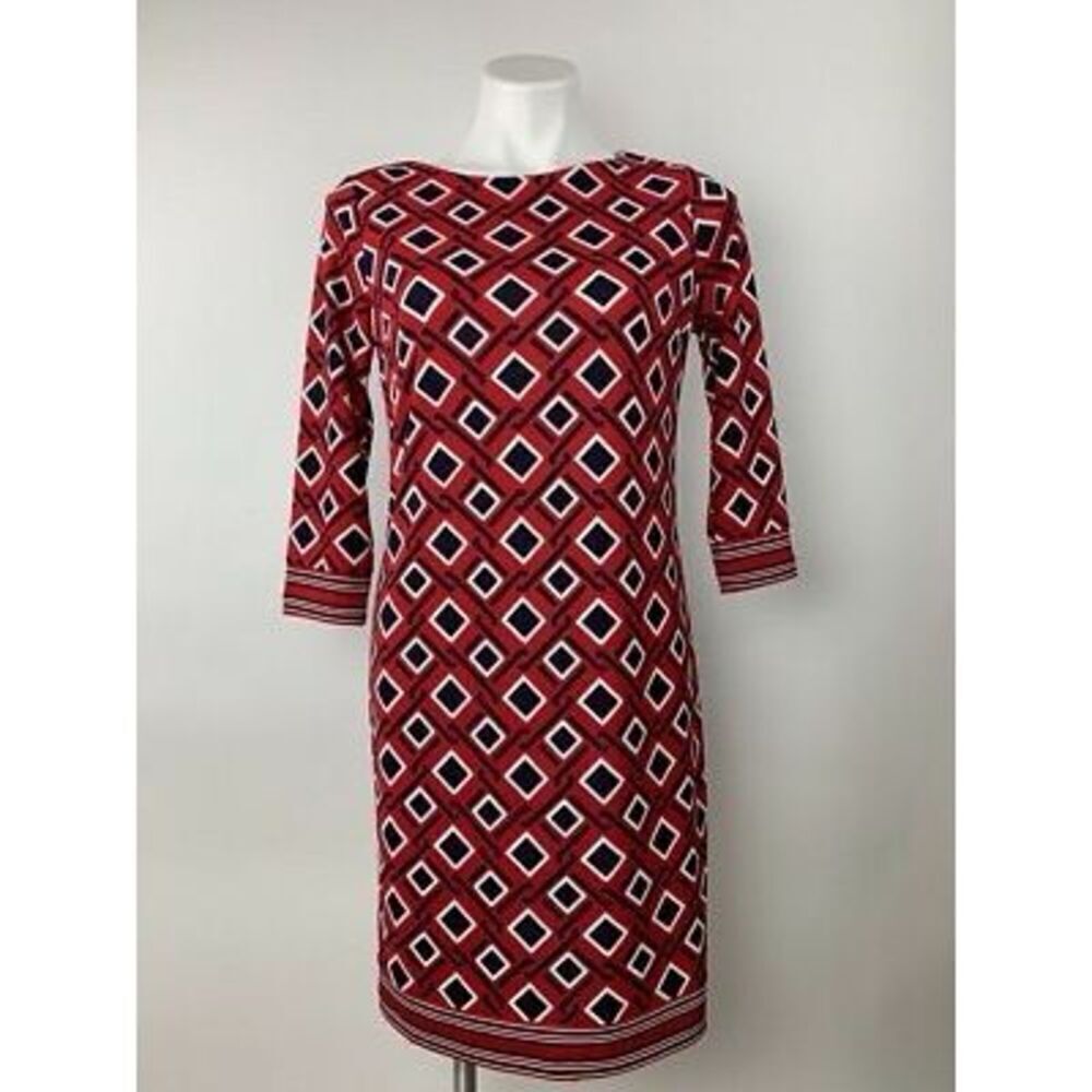 Talbots Women's 2X Elbow Sleeve Sheath Dress Red Black Diamond Print Office